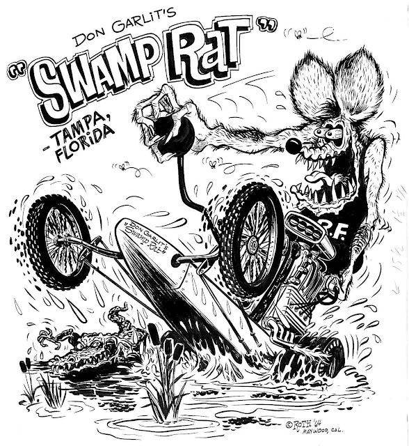 an Ed Roth drawing of Rat Fink driving Don Garlit's dragster named Swamp Rat in Tampa Florida