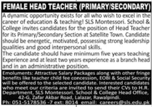 Sls and montisory jobs rawalpindi,teaching jobs rawalpindi,jobs in pakistan,