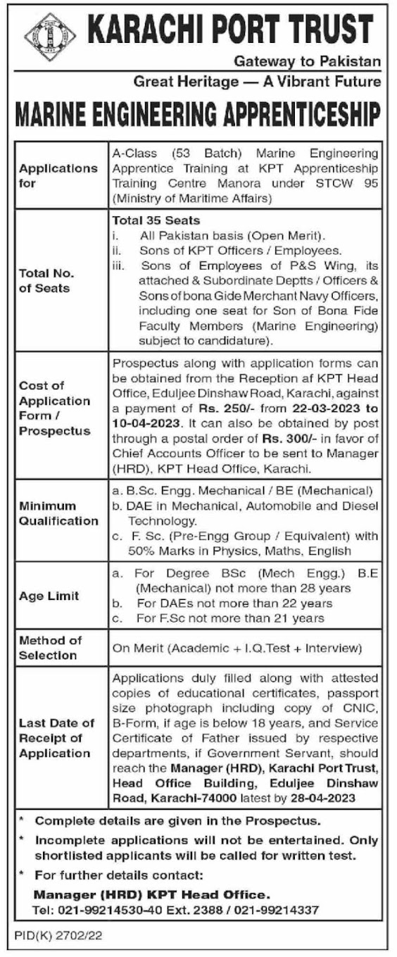 Karachi KPT Jobs 2023 Latest Apprenticeship Apply Online