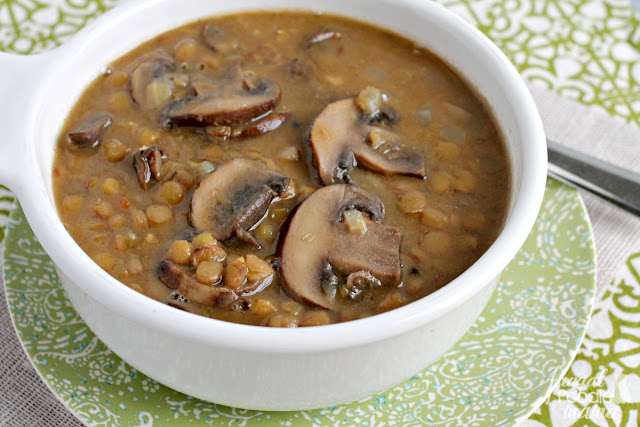 Packed full of fiber rich lentils & meaty mushrooms, this vegetarian and vegan friendly Creamy Mushroom & Lentil Soup is comforting and filling without the extra fat and calories.