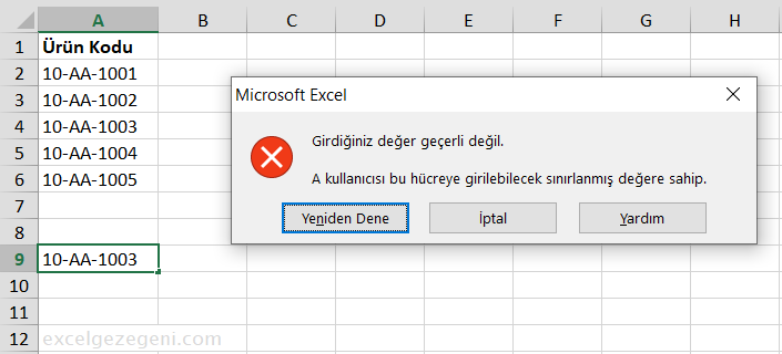 Sonuç: Excel bir hata uyarısı gösterir.