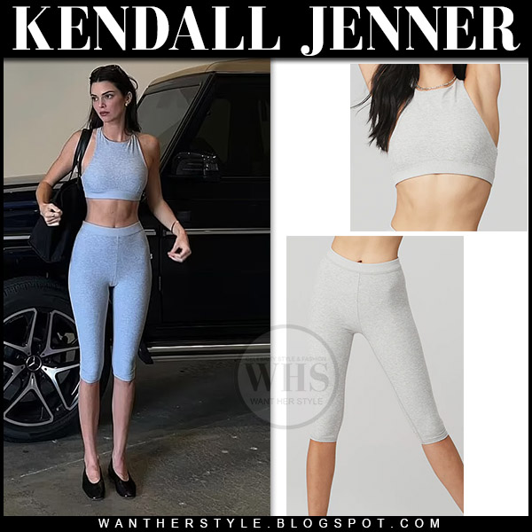 Kendall Jenner in grey sports bra and grey capri leggings