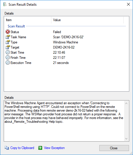 screenshot showing the error the WSMan provider host process did not return a proper response