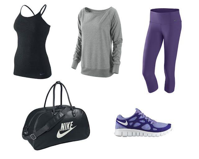 Collage ropa para ir al gimnasio de Nike en color morado, negro y gris.