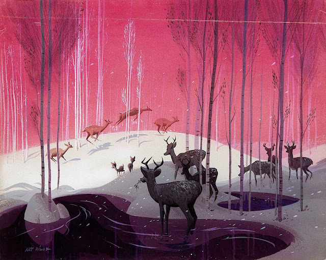 Art Riley Disney for Disney, deer at a winter pond