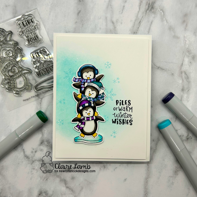 Piles of warm winter wishes by Claire features Penguil Pile and Snow Angel Newton by Newton's Nook Designs; #inkypaws, #newtonsnook, #penguincards, #cardmaking, #cardchallenge, #wintercards