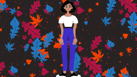 Animation of a girl talking with leaves floating around behind her.