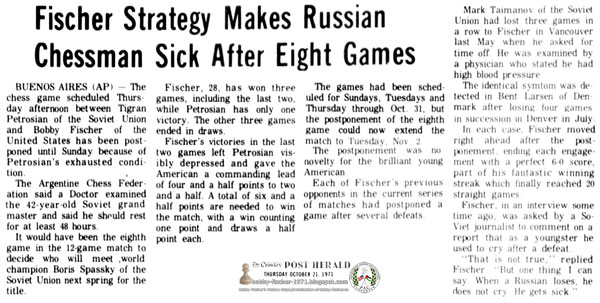 Fischer Strategy Makes Russian Chessmen Sick After Eight Games
