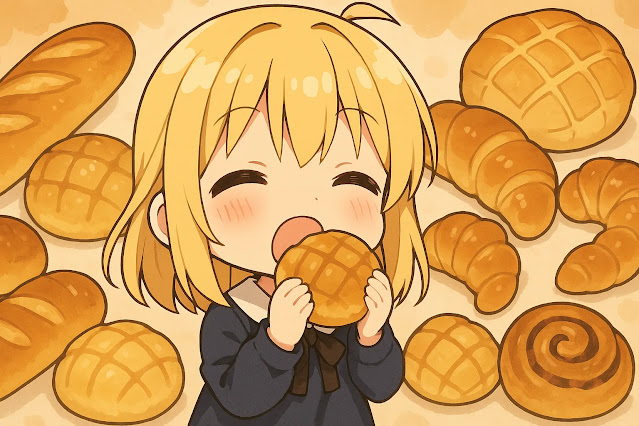 パンをかじる金髪のちびキャラ女の子が描かれたアニメ風イラスト。背景には様々な種類のパンが並び、温かく可愛らしい雰囲気が広がっている。