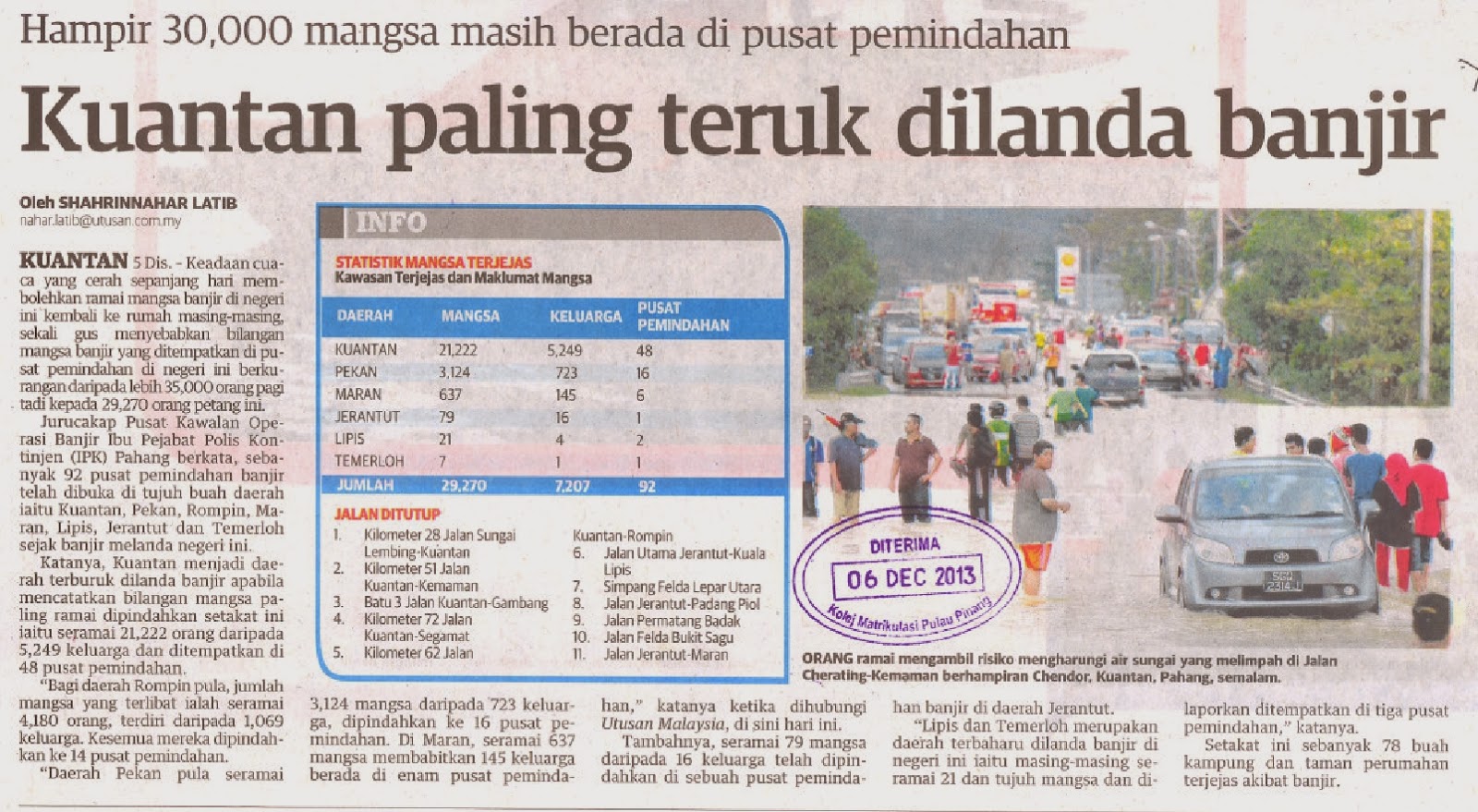 KERATAN AKHBAR KMPP Kuantan paling buruk dilanda banjir (06 DIS 2013)