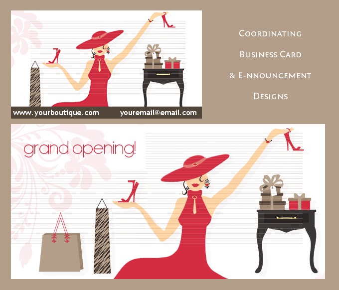 Boutique Web Design and Fashion Character in Red Dress with Coordinating Business Card Design