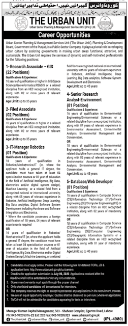 Government Jobs Of Web Developer,Data Base Administrator,Research Associate ,Research Analyst,IT Manager Robotics In The Urban Unit Lahore June 2020
