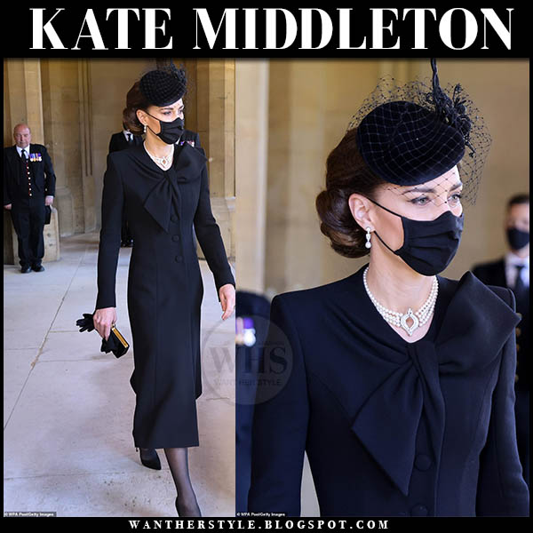 Kate Middleton in black bow neck coat and black pumps at Prince Philip's funeral
