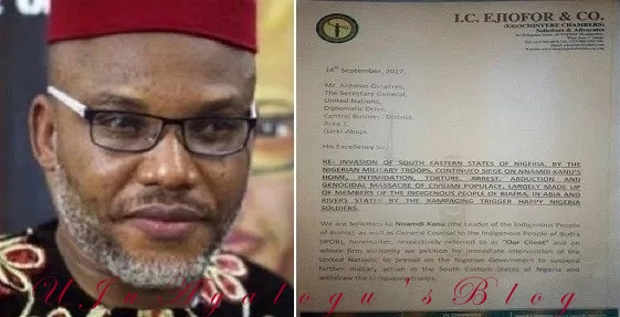 IPOB Leader, Nnamdi Kanu petitions UN, EU, US, 4 other countries over military operation in south east (see letter)