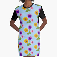 Dress with three pansies on a light blue background