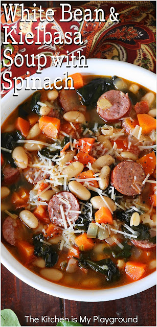 White Bean & Kielbasa Soup with Spinach ~ Chock full of flavor, easy to make, easy on the budget, & loaded with hearty deliciousness, White Bean & Kielbasa Soup will be a family-favorite, for sure.  www.thekitchenismyplayground.com