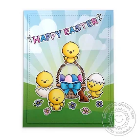 Sunny Studio Blog: Happy Easter Chick with Basket, Banner and Sunburst Background Card (using Spring Fling Paper, Chickie Baby Stamps & Chubby Bunny Stamps)