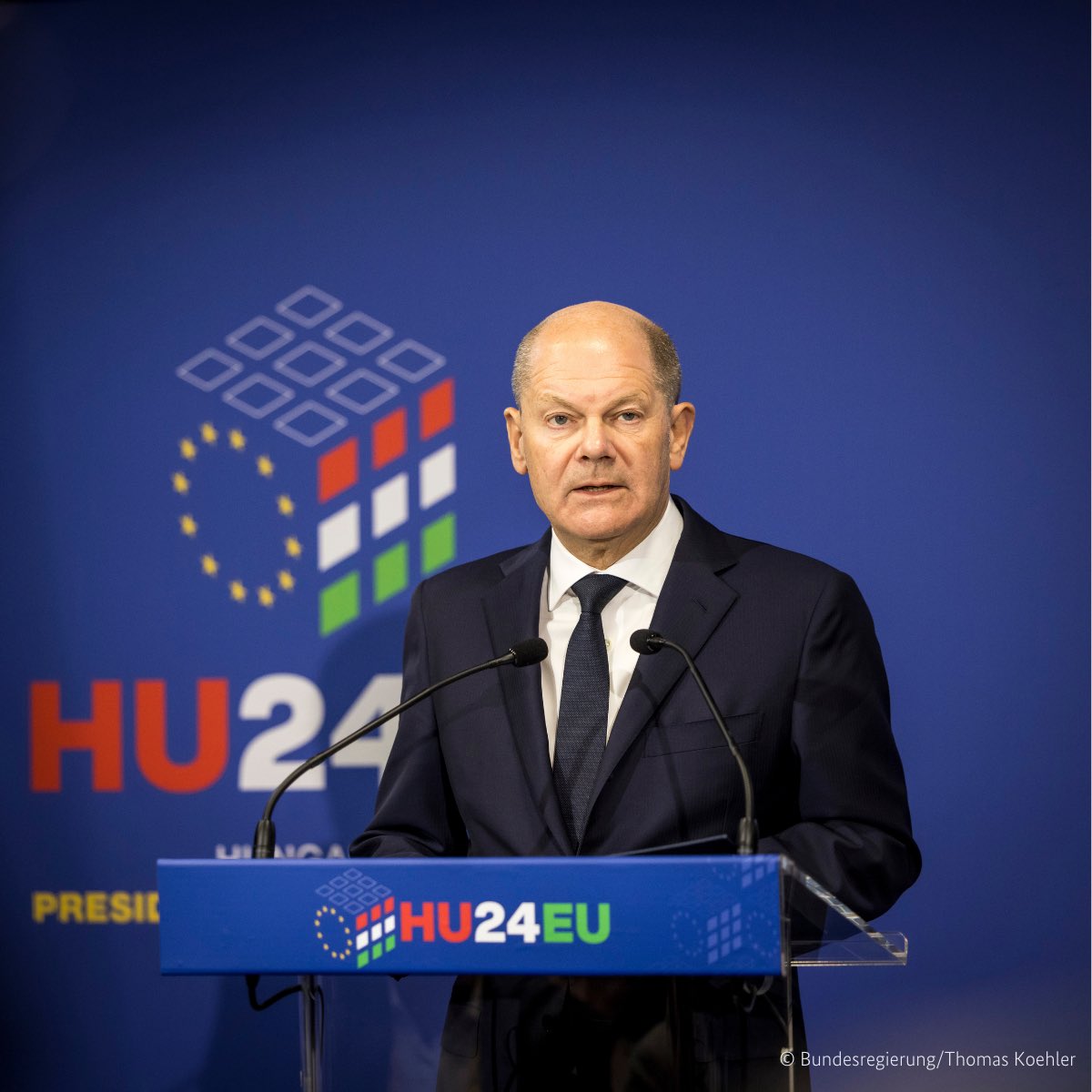 German Chancellor, Bundeskanzler Olaf Scholz, speaking at the European Council in Budapest, Hungary