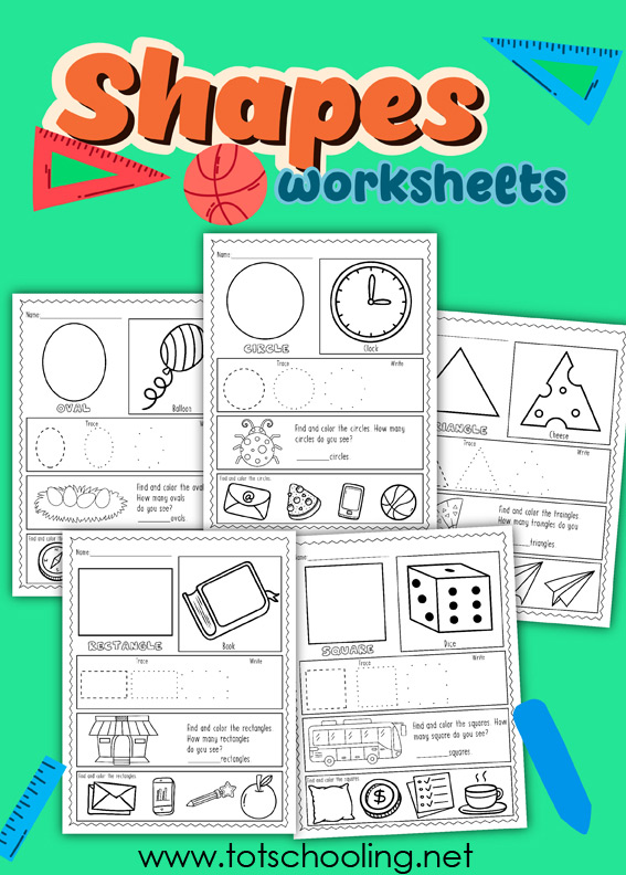 FREE printable shape worksheets for pre-k and kinder kids to practice 2D shapes as well as tracing, coloring and counting!