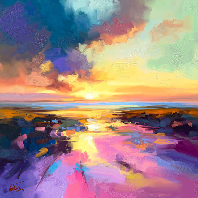 Sunset, digital oil painting by Mikko Tyllinen. colorful landscape with gorgeous colors.