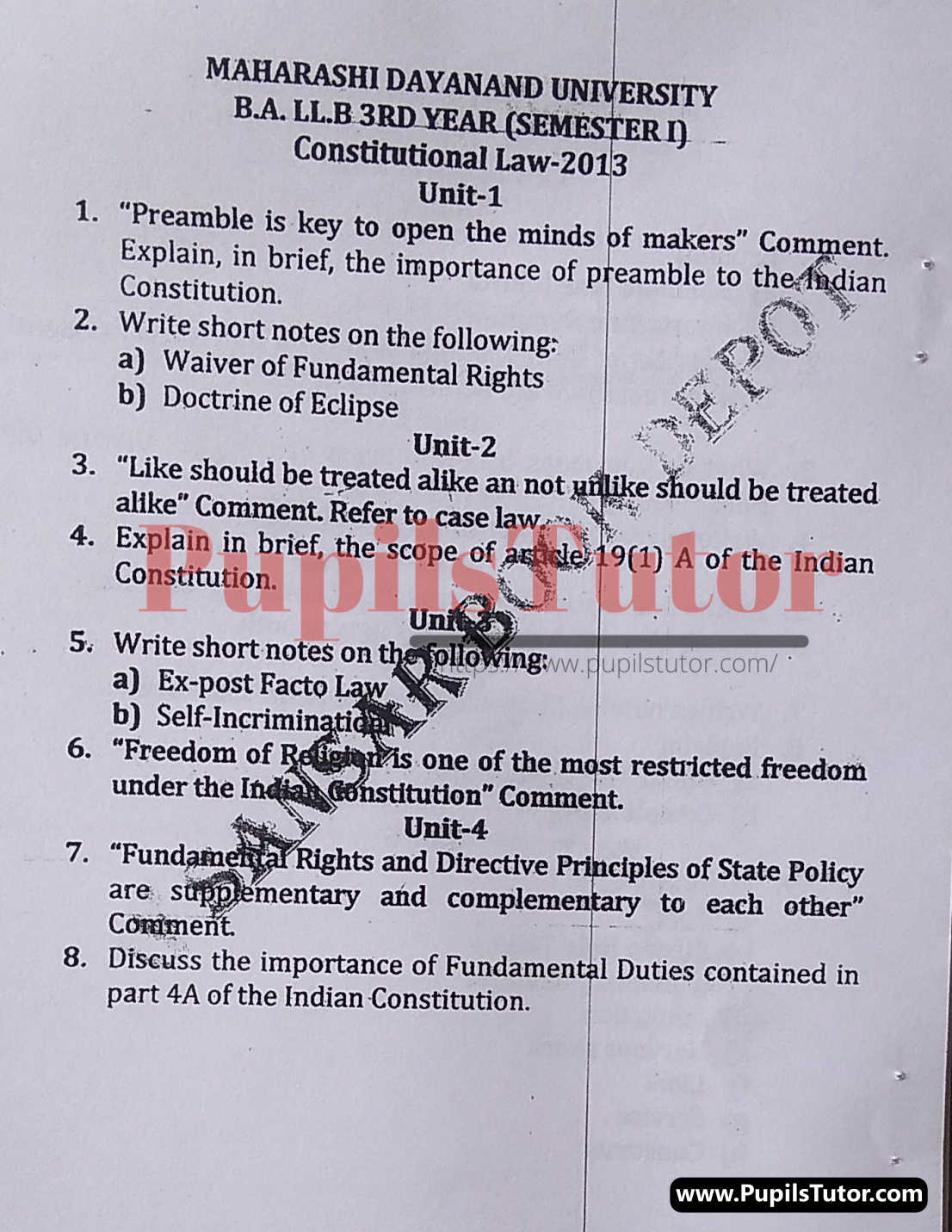 MDU (Maharshi Dayanand University, Rohtak Haryana) LLB Regular Exam (Hons.) First Semester Previous Year Constitutional Law Question Paper For 2013 Exam (Question Paper Page 1) - pupilstutor.com