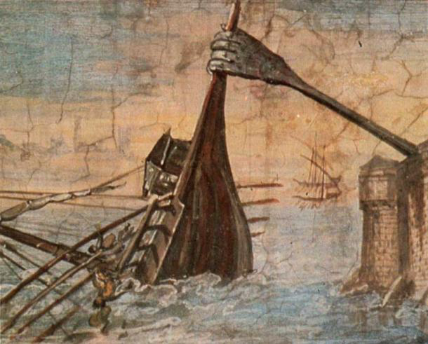 Фрагмент настенной росписи Джулио Париджи, изображающей Коготь Архимеда, потопляющего корабль, буквально получившего название «железная рука» в древних источниках, около 1600 г..