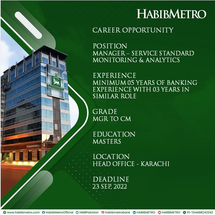 HABIB METRO BANK is inviting applications for "Manager – Service Standard Monitoring & Analytics ,