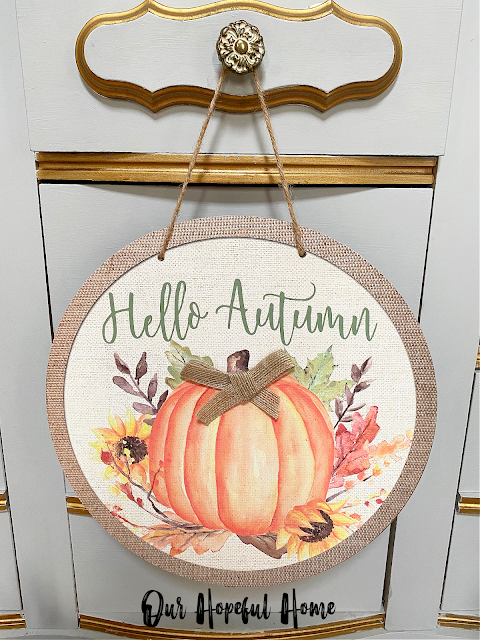 Hello Autumn round fall hanging sign burlap bow