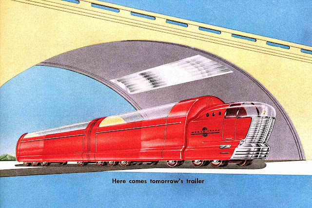 an Arthur Radebaugh illustration of a red truck under a future bridge