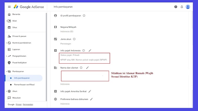Cara Memasukkan Data Informasi Pembayaran Yang Benar di Akun AdSense