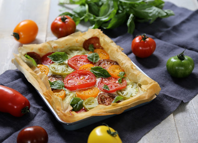 pate filo, facile , tomates multicolores , chèvre