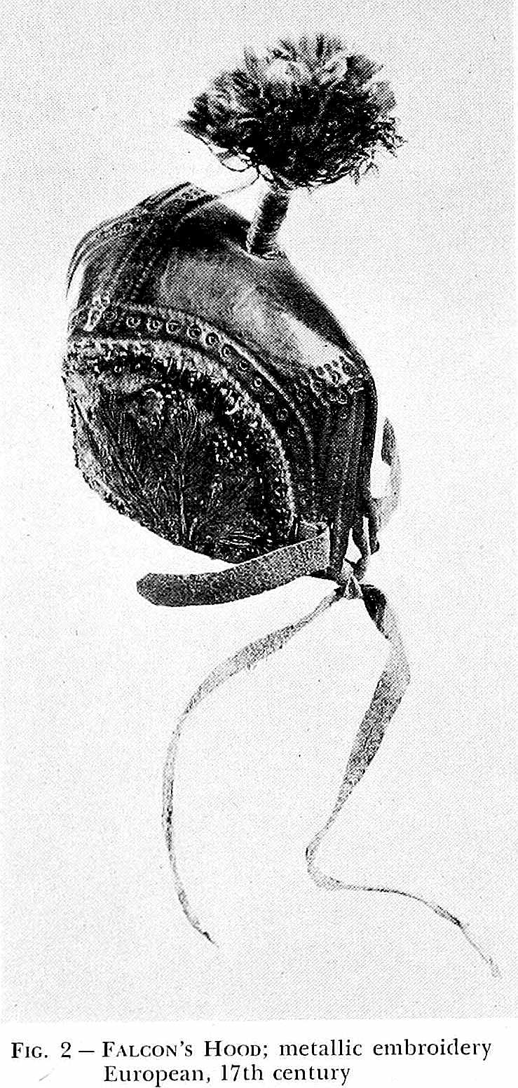 a photograph of a European Falcon's hood with metallic embroidery, 17th century