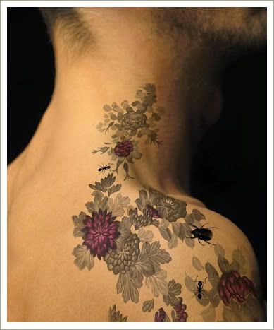 Purple Colored Flowers Tattoo, Flower Tattoo On Women Neck, Men With Colorful Flower Tattoos, Flowers With Men Neck Insect Tattoo, Men, Women, Parts, Animals, Flowers,