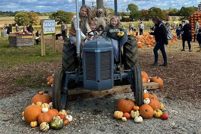 3 children on an old tractor with a skeleton