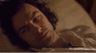 Ross Poldark takes Demelza into his arms in bed as she cries and he is sad regarding her infidelity with Hugh Armitage