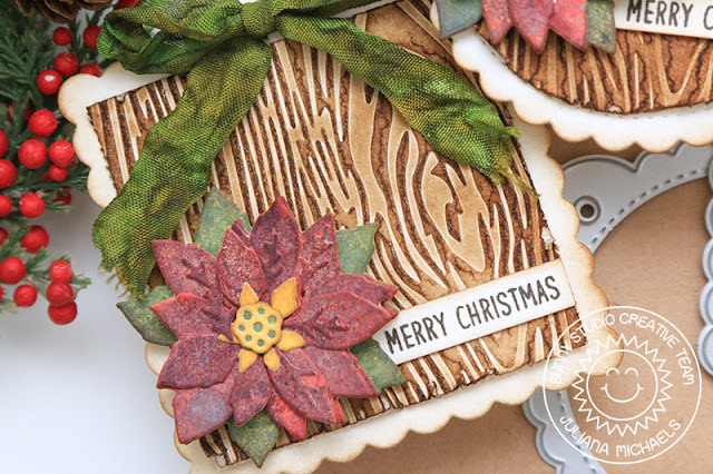 Distressed Layered Poinsettia Christmas Tag featuring Sunny Studio Stamps Layered Poinsettia Die, Wood Grain Embossing Folder and Scalloped Tags