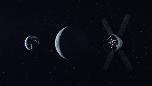 An artist's concept of NASA's Orion spacecraft flying behind the Moon.