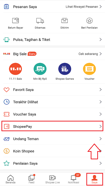 Fitur ShopeePay Pada Menu Saya di Aplikasi Marketplace Shopee Smartphone.