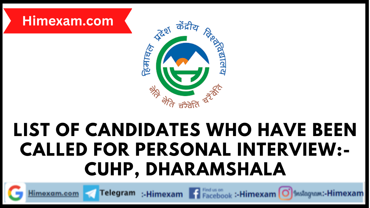 List of Candidates who have been called for Personal Interview:-CUHP, Dharamshala