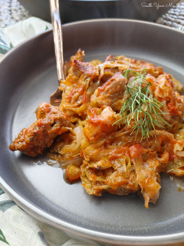 Braised Pork & Cabbage | A rustic recipe with cabbage and fork-tender pork pieces cooked down in a light tomato broth with caramelized and crispy bits on top.