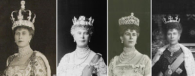 Queen Mary wearing Cullinan III and IV in her Crown (left), Coronet (2nd left), Delhi Durbar Tiara (2nd right), and as a brooch suspended from the Coronation necklace, together  with Cullinans I and II in a brooch setting (left)