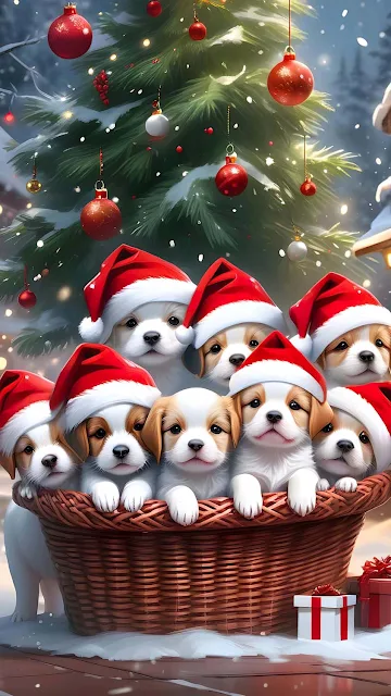 Cachorros Fofos Comemorando o Natal grátis para celular, iPhone da Apple, Samsung Galaxy, Xiaomi, Motorola e Realme. Papel de parede para Whatsapp!