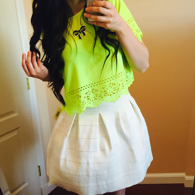 laser cut crop top, green laser cut crop top, crop top, neon green crop top, crop top, white bandaged skirt, white skirt, teen fashion, teen fashion outfits,