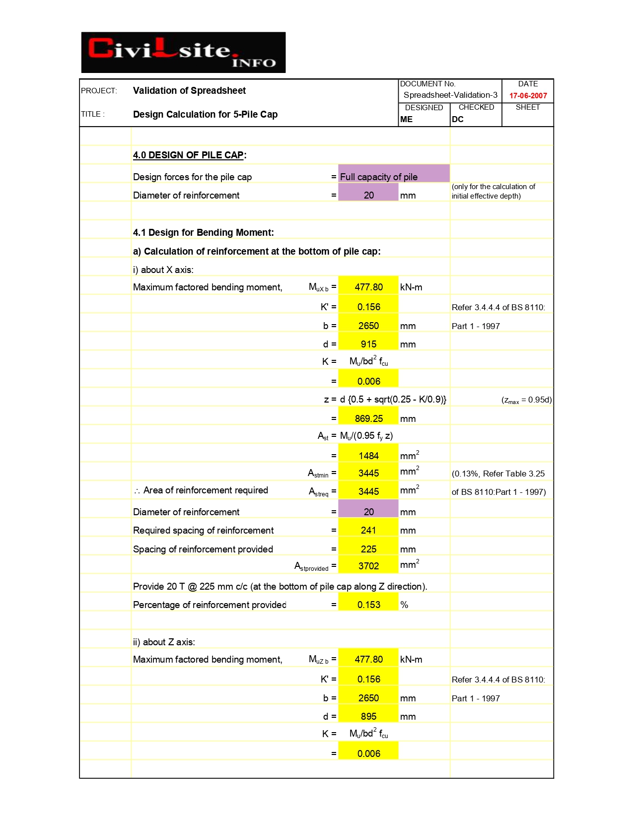 Pile Cap Design Calculation Excel Sheet and PDF