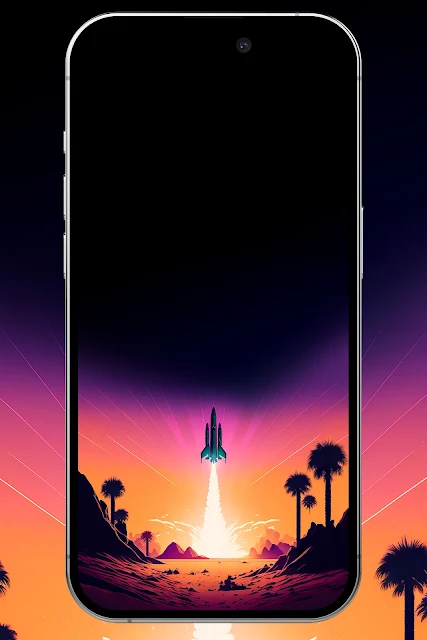 Silhouette of a rocket being launched in the distance in a desert during sunset in retro wave or synthwave style