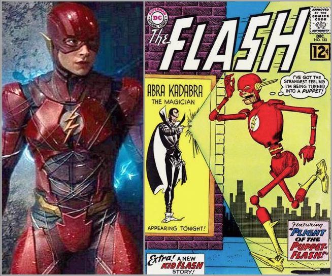 Ezra Miller as Flash in highly segmented, shiny but very scuffed-up suit next to cover depicting Flash being turned into a jointed wooden puppet by magician Abra Kadabra