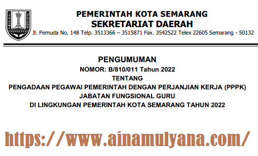 Rincian Penetapan Kebutuhan atau Formasi ASN PPPK Kota Semarang Tahun 2022