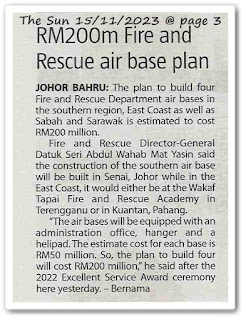 RM200m Fire and Rescue air base plan - Keratan akhbar The Sun 15 November 2023