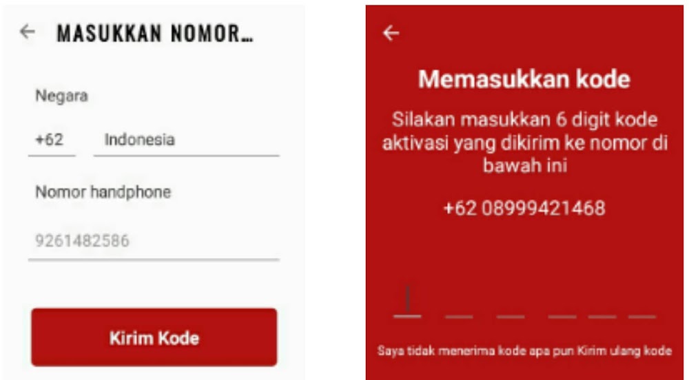 masukkan nomor handphone Anda dengan benar kemudian pilih "Kirim Kode" dan masukkan 6 digit kode yang telah dikirim melalui sms pada nomor handphone yang telah Anda daftarkan.