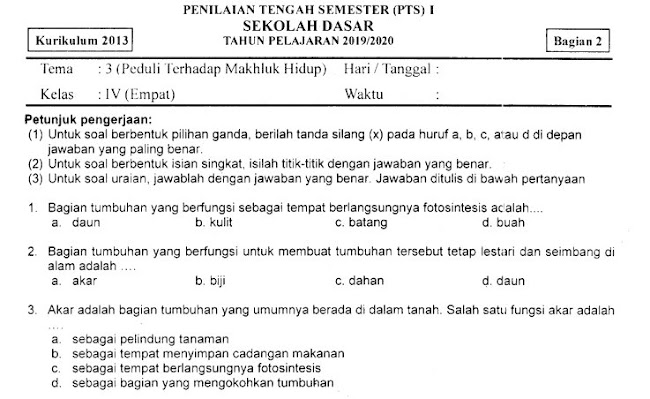 Kumpulan Soal Penilaian Tengah Semester (PTS) Ganjil Tema 3 Bagian 2 Kelas 4 SD Terbaru Tahun 2019/2020 Gratis